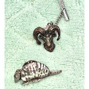 Ram Head Tie Tack & Armadillo Lapel Pin Silver Tone Vintage Set JE361